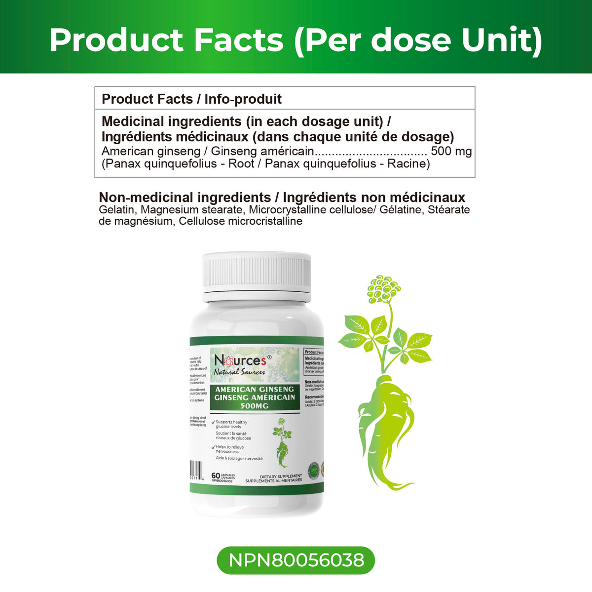 Nources American Ginseng 500 mg 60 Capsules