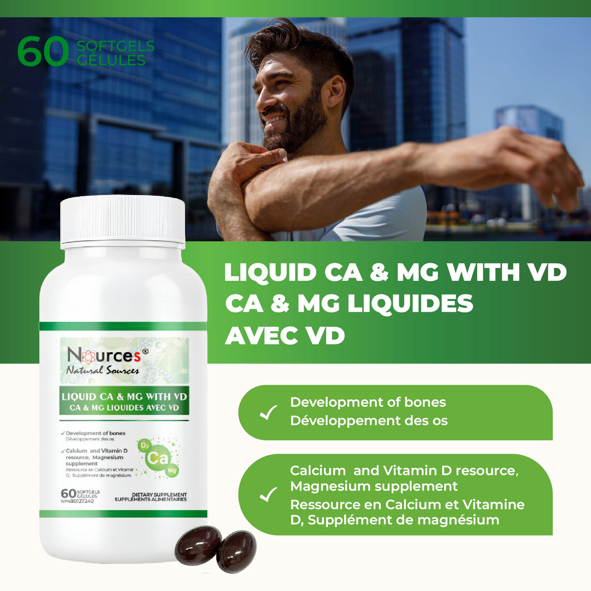 Nources Liquid Ca + Mg with VD 60 Softgels